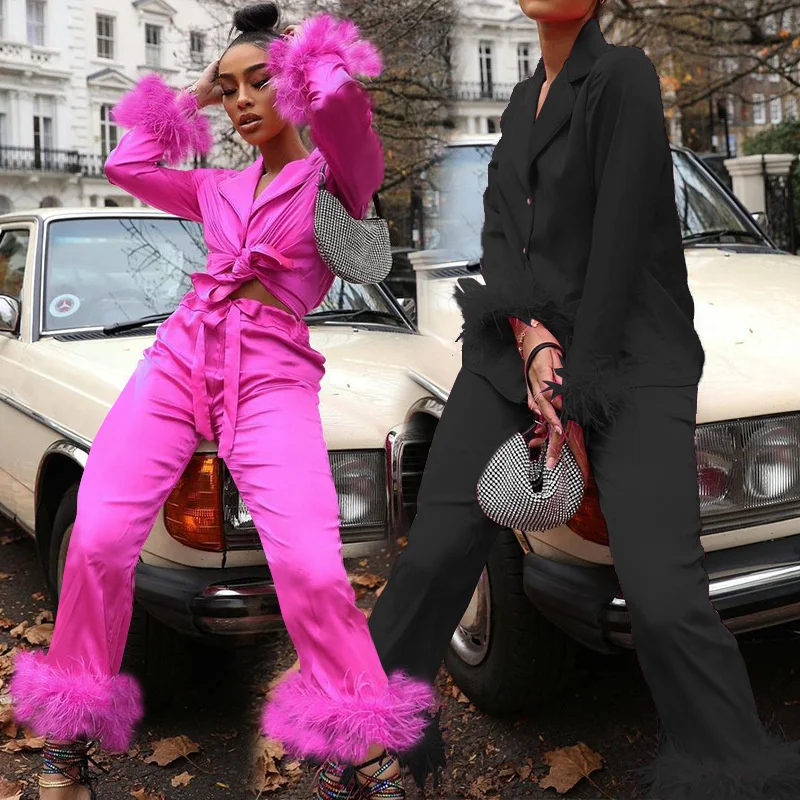 

2023 Spring Style Sexy Suit Collar Top Casual Straight Trousers Satin Two Piece Set outfits for women matching sets