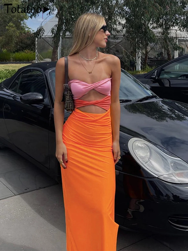 

Totatoop Contrast Off Shoulder Strapless Hollow Out Bandage Long Dress Women 2022 Summer Sleeveless Backless Party Maxi Dress