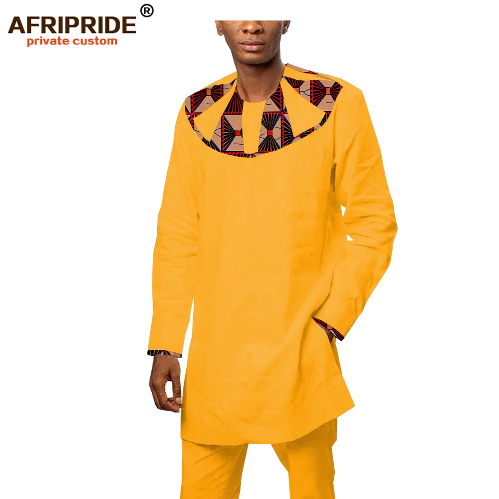 2022 africa bazin richi 2-pieces suit for men AFRIPRIDE tailor made full sleeves top+full length pants men's casual set A1816010