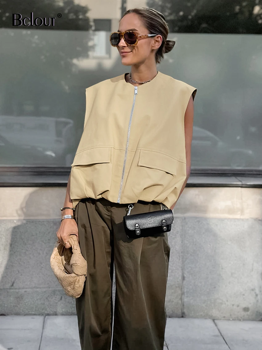 

Bclout Fashion Khaki Sleeveless Coats Women Streetwear O-Neck Solid Loose Zipper Coats Autumn Ruched Party Pockets Caots Female