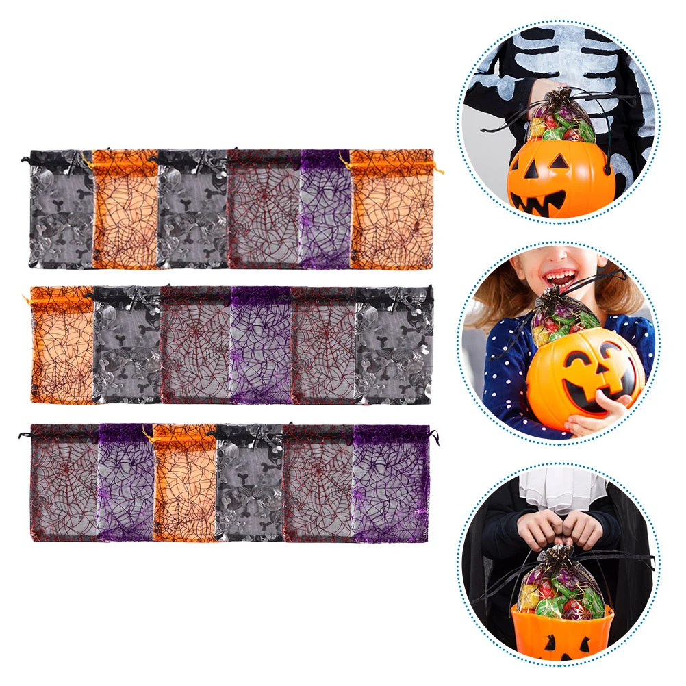 

100 Pcs Spider Web Gauze Bag Halloween Decorations Party Package Candy Pouch Drawstring Hallowen Supplies Organza Seal
