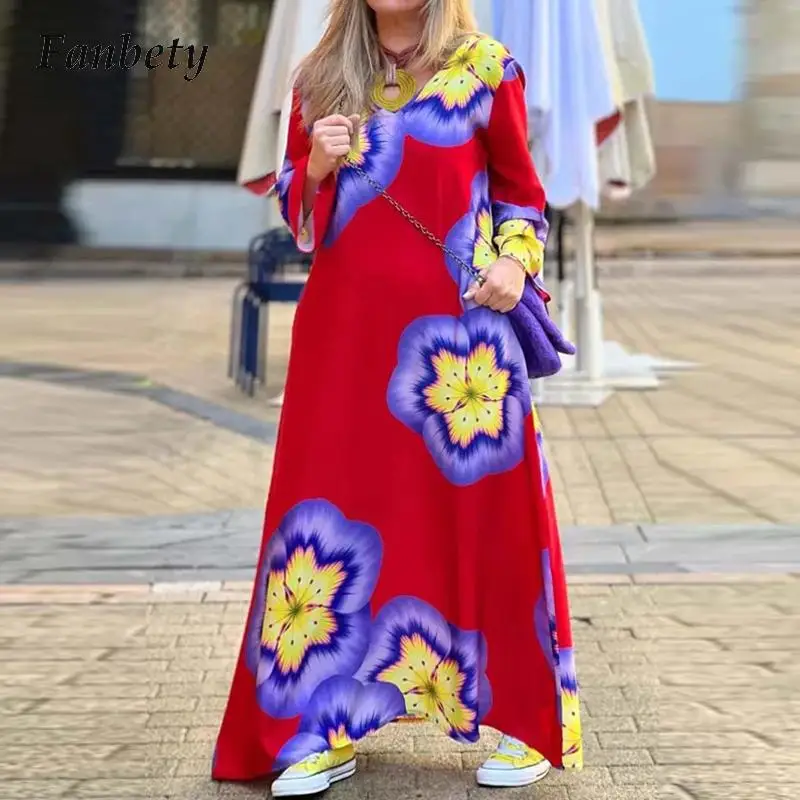 

Vintage Butterfly Print Loose Red Maxi Dress Women Casual Spring Autumn V-Neck Party Dress Fashion Female Streetwear Long Dress