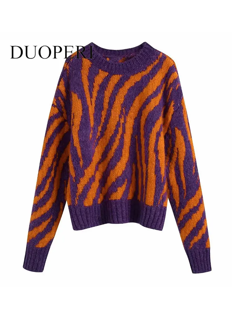 

DUOPERI Women Fashion Jacquard Printed Knitted Pullover Sweater Vintage O-Neck Long Sleeves Female Chic Lady Tops