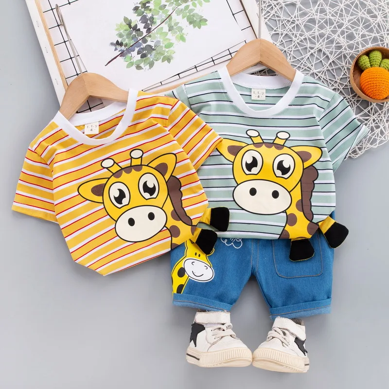 

Baywell Summer Baby Clothes Set Cute Cartoon Deer Cotton Baby Short Sleeve Top Denim Shorts 2Pcs Infant Boy's Clothing Set