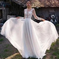 illusion scoop neck wedding dresses lace long sleeve vestidos de novia playa appliques backless button bridal gowns for bride
