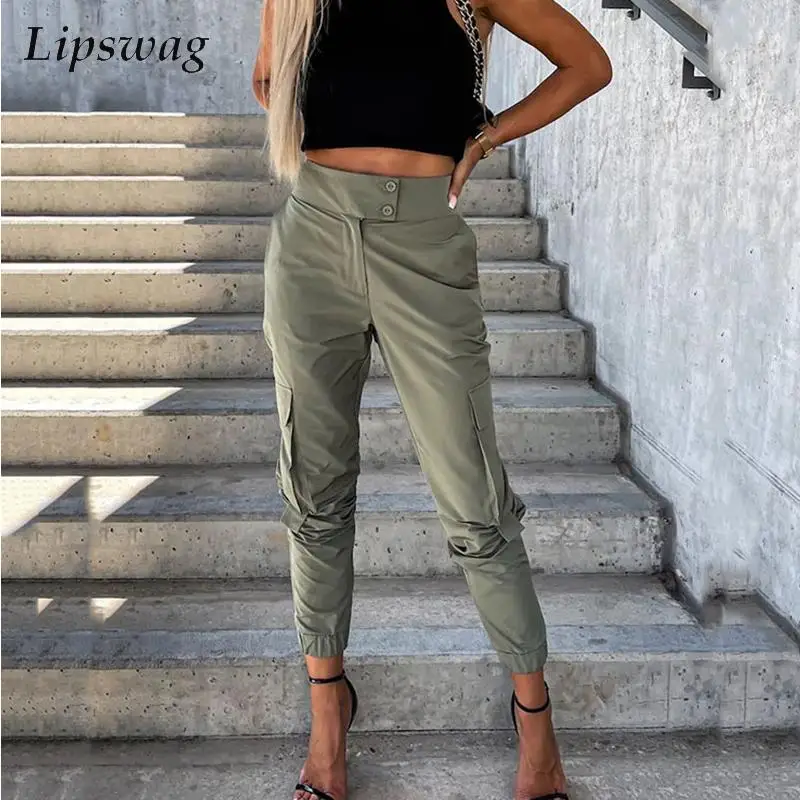 

Брюки-карго Женские однотонные на пуговицах, Модные Винтажные повседневные штаны с завышенной талией, Элегантные зеленые брюки с карманами...