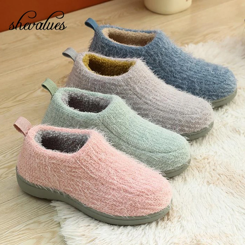 

Shevalues Woolly Plush Cotton Shoes For Woman Autume Winter Solid Color Warm Furry Slippers Anti-slip Comfort Home Mute Shoes