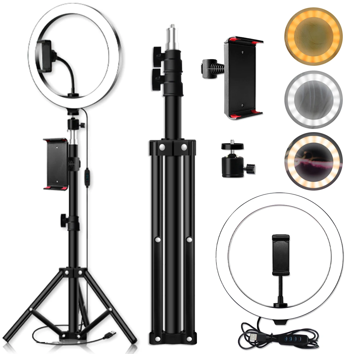 

10inch LED Ring Light With Phone Clip 3 Color Dimmable LED Live Video Ring Light Set With Tripod Tablet Clip Selfie Fill Light