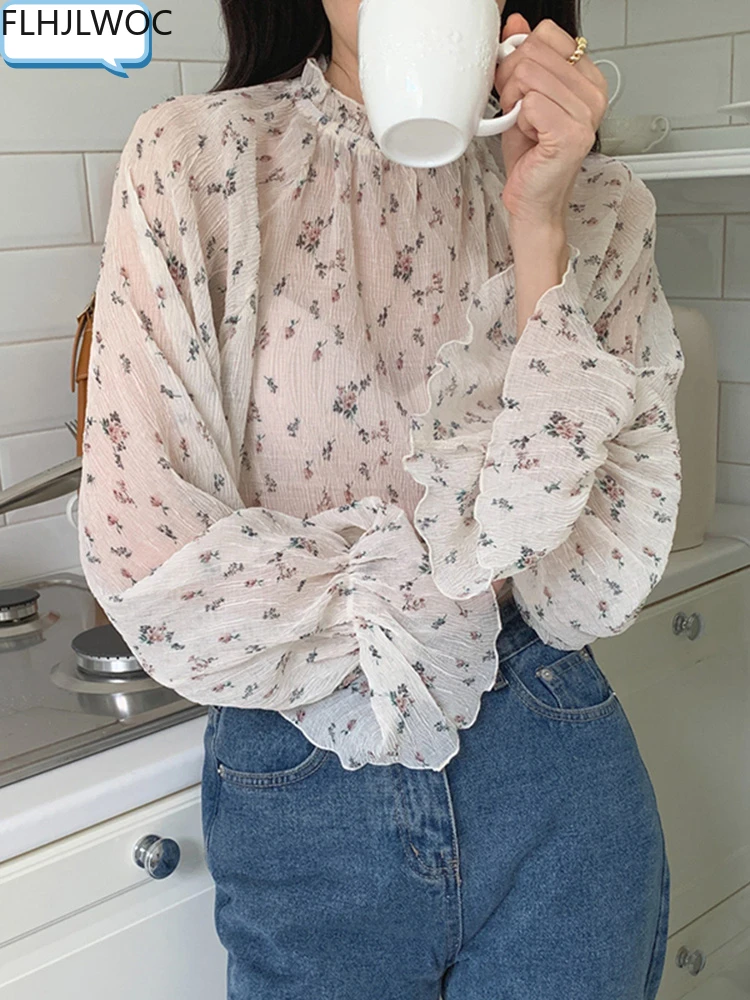 

Korea Chic Tops Blusas Flare Sleeve Office Lady Female Elegant Thin Sexy Transparent Button Shirt Flhjlwoc Fashion Women Blouse