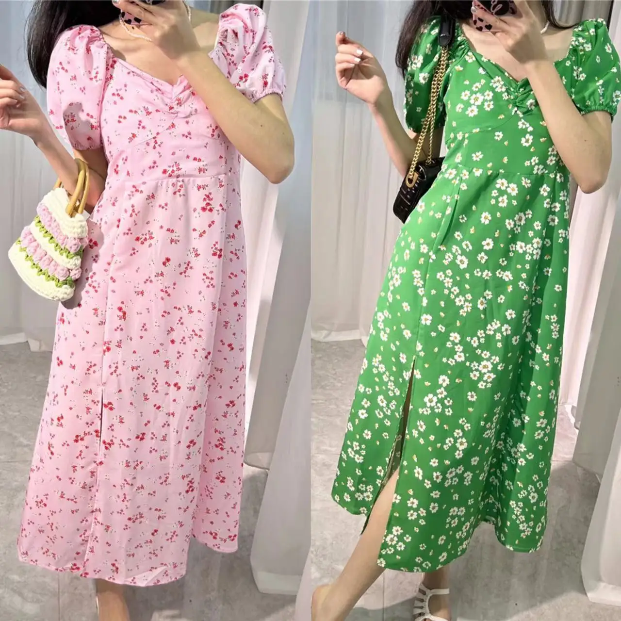 

Women Midi Dress Floral Print Slit Square Collar Short Puff Sleeve Robe Sweet