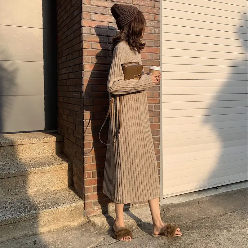 

Winter Women'S Dress 2021 Bodycon Sweater Women Dress Long Sleeve Knitted Dresses Maxi Vintage Oversize Dresses Knitting Fall