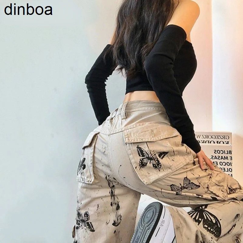 

American Ink Splash Tie-dye Butterfly Work Pants Female Fall American Straight Loose Spicy Girl Tide High Street Jeans Trend Y2k