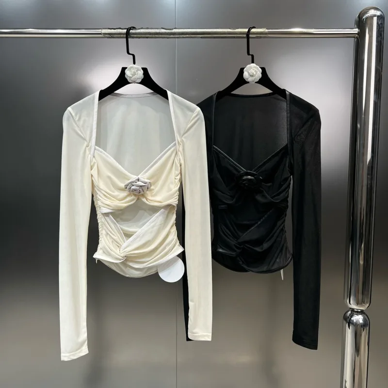 

PREPOMP 2023 Autumn New Arrival Square Collar Long Sleeve Ruched Hollow Out Petal Applique Slim Blouse Women GM151