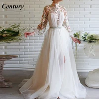 century elegant evening dresses lace applique evening gown high collar party dress high split formal prom dress robe de soiree