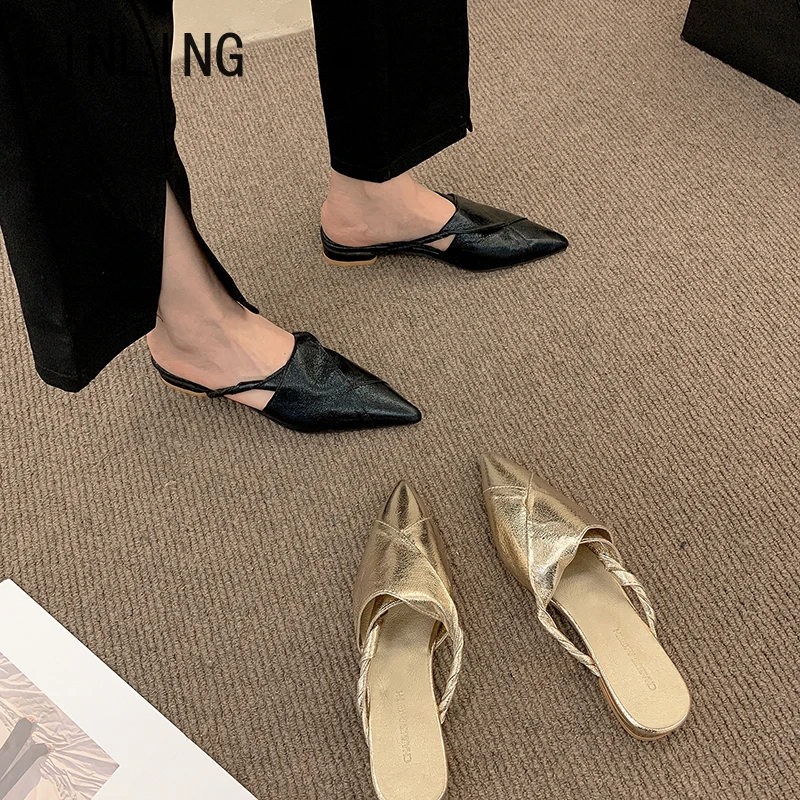 

2022 Summer Women Mules Slippers Fashion Woman Pointed Toe Low Heel Ladies Slip On Shoes Female Sandalias