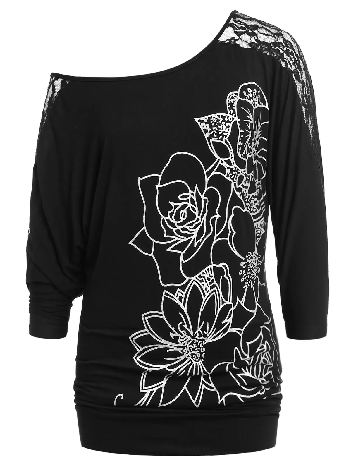 

Женская футболка с кружевной вставкой и косым воротником, размеры до 5XL