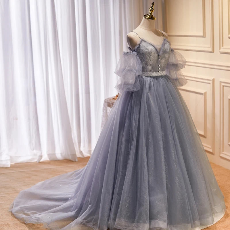 Фото Вечернее платье AnXin SH Princess с серым цветочным кружевом, на тонких бретелях, с бисером и пуговицами, блестящее, на шнуровке, для вечеринок, на заказ №4