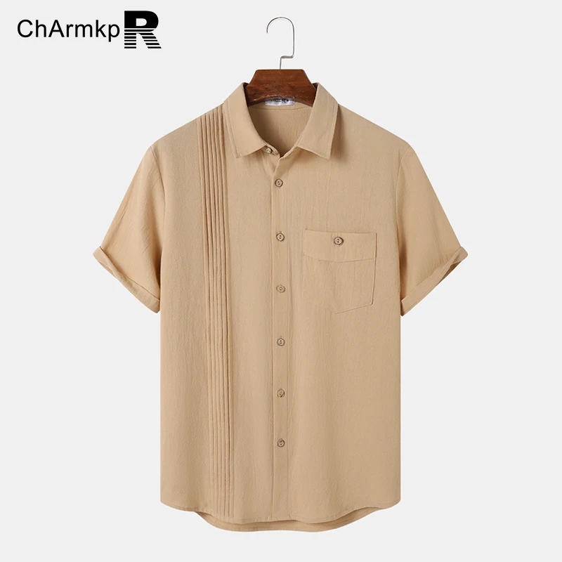 

ChArmkpR 2023 Summer T-shirts Men Tops Tee Pleated Button Pocket Solid Color Cotton Short Sleeve Shirts Men's Clothing Oversize
