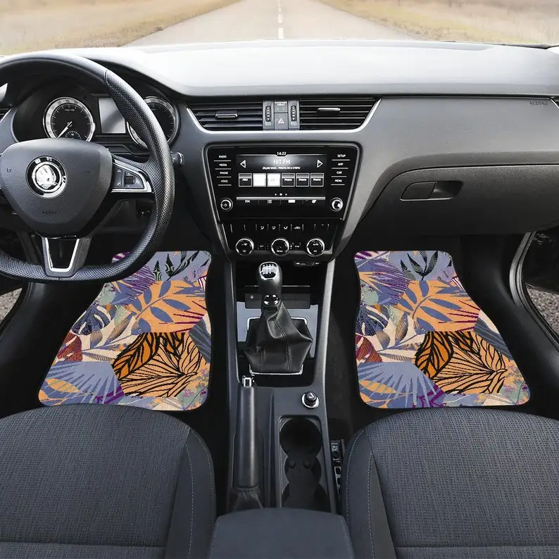 Blue Brown Beige Leaves Floral Flowers Car Floor Mats Set, Front and Back Floor Mats for Car, Car Accessories