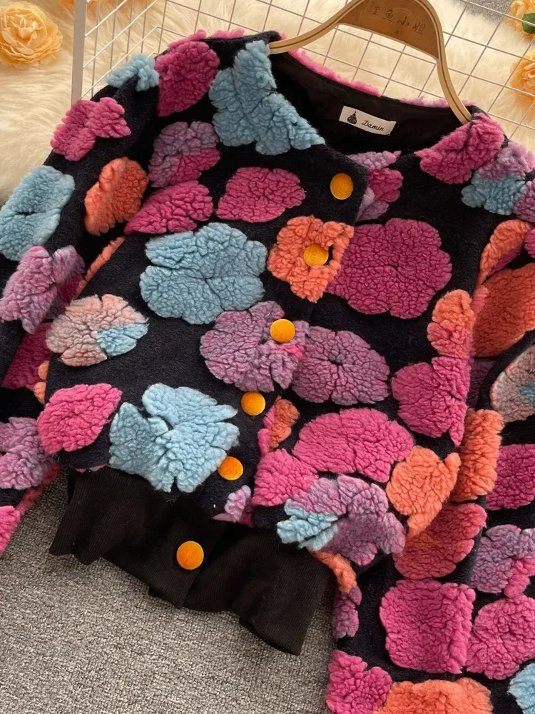 

Sweet Long Sleeve Single Breasted Short Jacket Retro Three-dimensional Flower O Neck Clothing 2023 Spring New 6 Color Coat