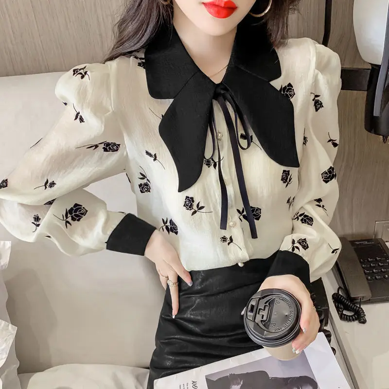 Autumn New Bow Tie Floral Blouse Long Sleeve Bottoming Shirt Women Blusas Tops Fashion Puff Sleeve Chiffon Blouses