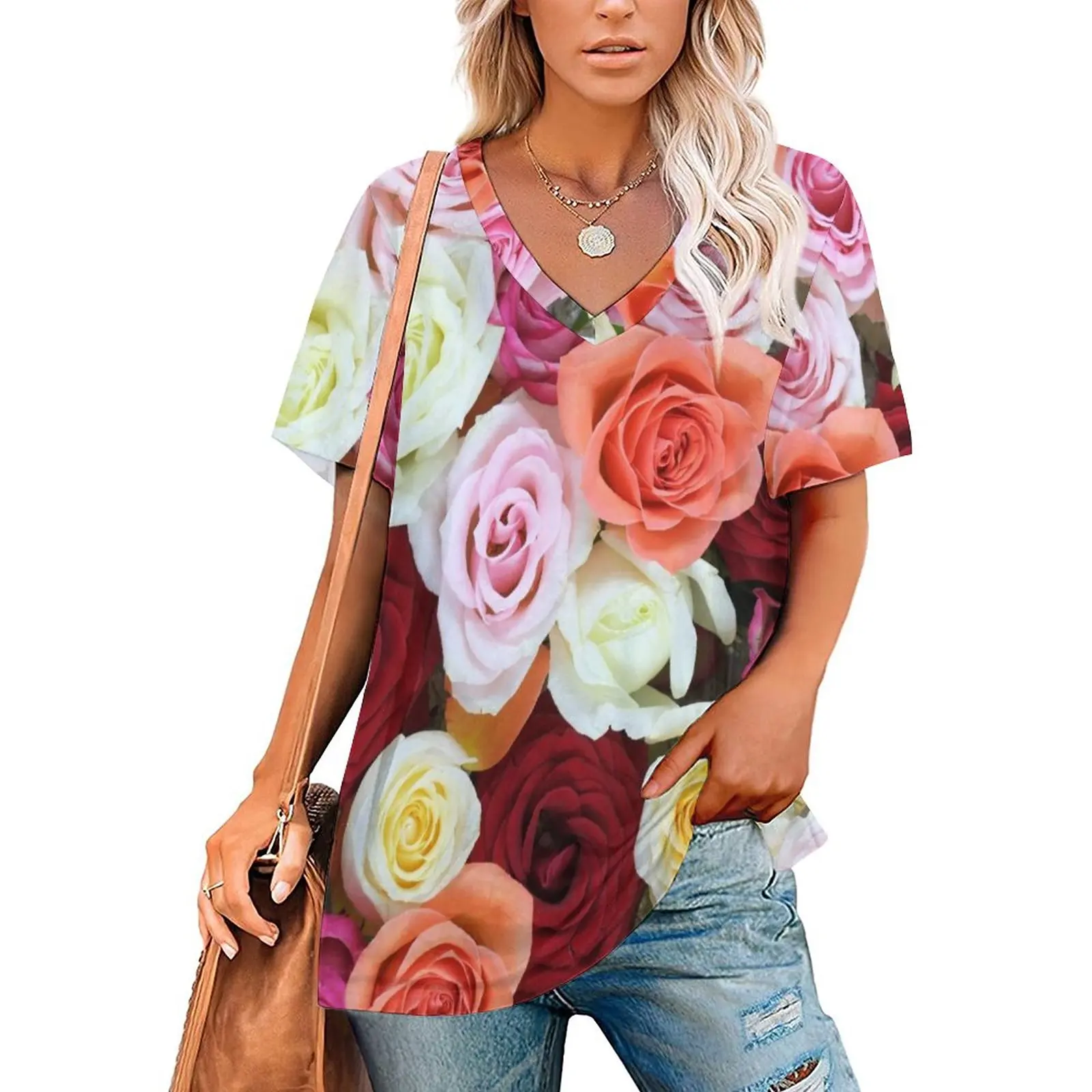 

V Neck Short-sleeve Women Shirt Printed Cluster of Colored Roses 3D Women Print T-shirt