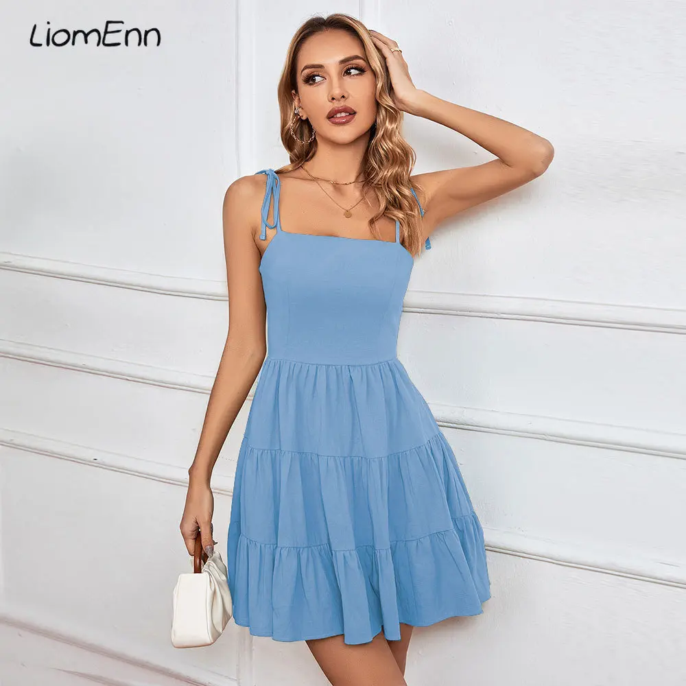 Женское летнее платье с открытой спиной, короткое платье с оборками, синее, зеленое, черное платье-топ, мини-платья для отдыха, пляжа, сарафан, элегантный