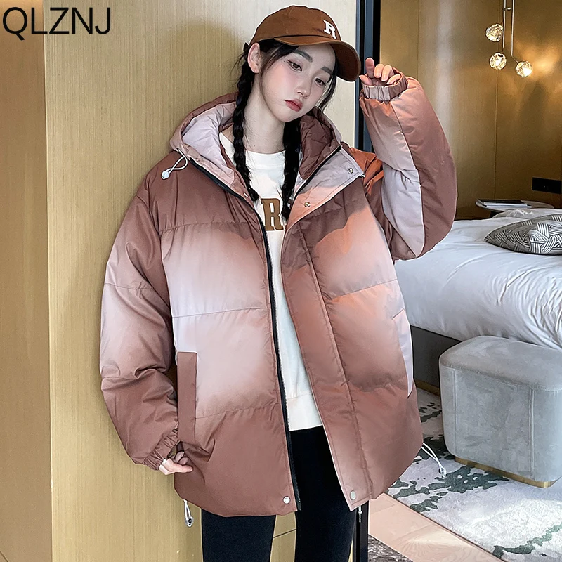 Winter Thick Warm Gradient Parkas Men Clothing 2023 Fashion Zipper Hooded Coats Women Cotton Padded Jacket Unisex Oversize Parka