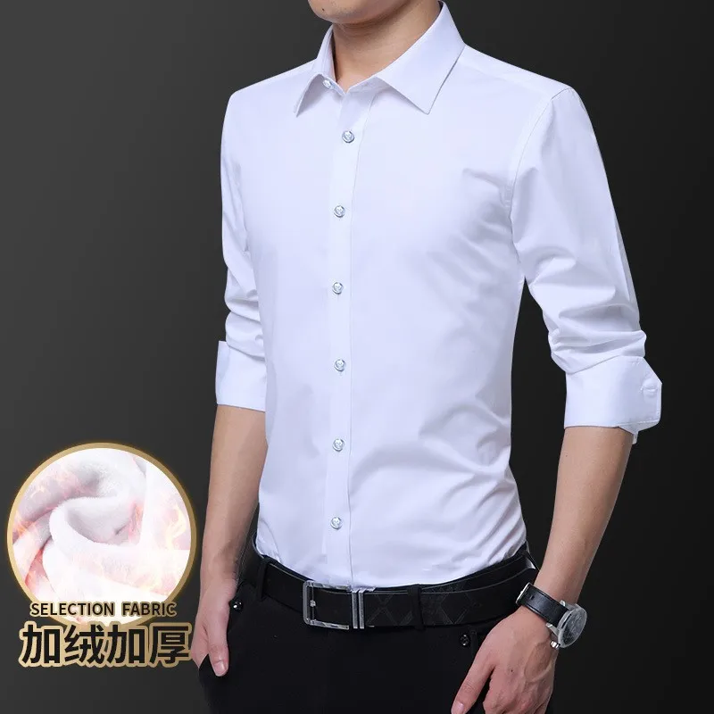 Youth Business Dress Shirt Personality Men's Fleece Thickened White Shirt Men's Long Sleeve Shirt 2022 Autumn Winter New Shirt