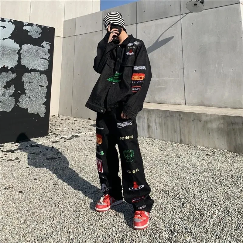 American High Street Printed Jeans Men Women Couples With The Same Loose Straight Hip-Hop Personality Street Pants Trendy Winter