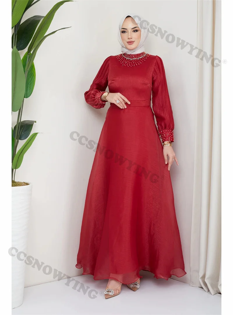 

Organza Beaded Muslim Evening Dress Islamic Long Sleeve A Line Hijab Prom Formal Party Gown Arabic Dubai Women Moroccan Caftan