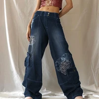 grunge low waist baggy jeans womens 90s cargo pants streetwear pockets patchwork y2k jeans boyfriend retro printed mom