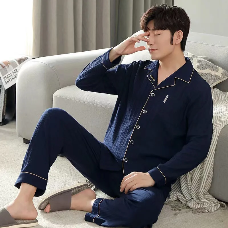 100% Cotton Pijama For Men 2 Pieces /Sets Long Sleeve Turn-Down Collar L-4XL Leisure Lounge Sleepwear Pyjamas Home Clothes