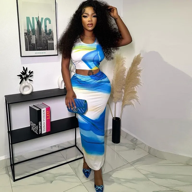 

Женский костюм для отпуска, накидка на бикини, Пляжное Платье с принтом, топ без рукавов и юбка-майка, Модный комплект из двух предметов, 2023