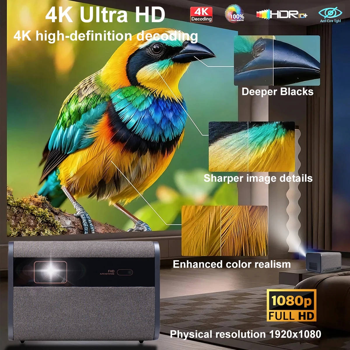 Фото Проектор DITONG 3500 ANSI люмен Full HD для 4K видео и фильмов, Android TV, домашний кинотеатр, 32 ГБ, Wi-Fi 6, автофокус, Smart TV, проекторы Beam №3