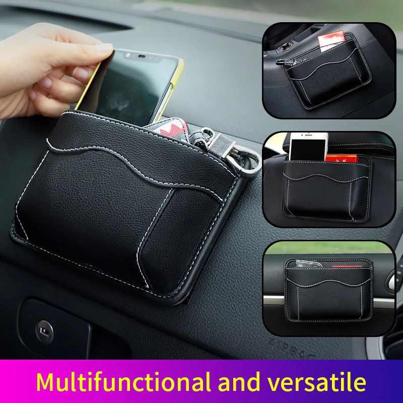 

Leather Car Storage Bag Small Debris Organizer Hanging Cell Phone Mobile Paste Type Bag for Stowing Tidy Universal Accessories