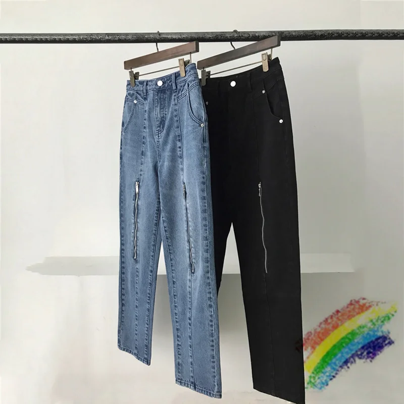 

Damage We11done Jeans Men Women 1:1 Best Quality Back Split Denim zipper WELLDONE Bell Bottom Pants
