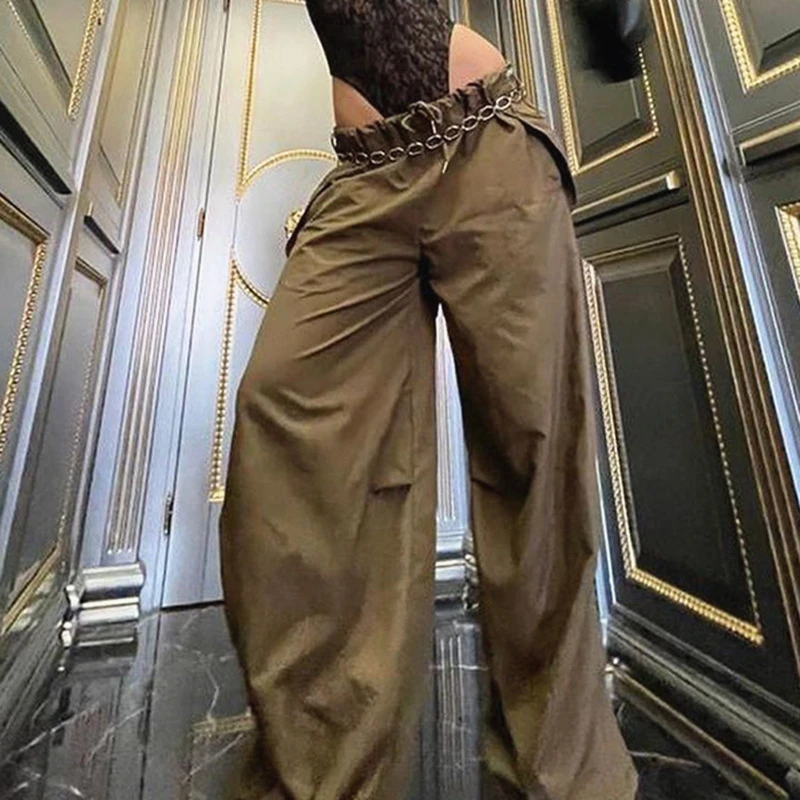 

Female Cargo Trousers Solid Color Fall Spring Drawstring Low Waist Loose Casual Pants Palazzo Women Fashion Y2K Streetwear