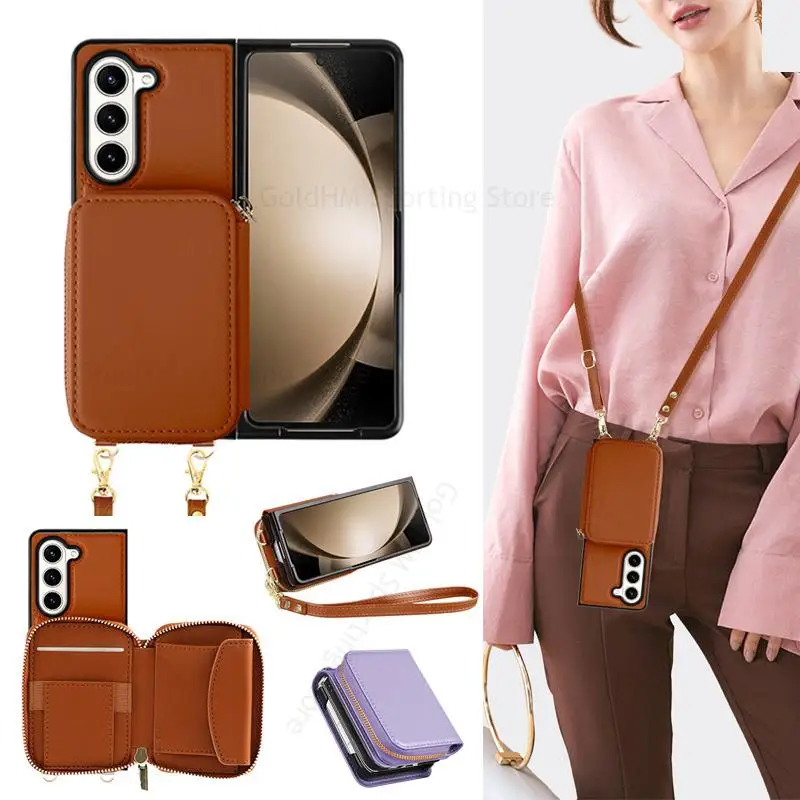 

Crossbody Lanyard Wallet Leather Phone Case For Samsung Z Fold 5 5G Hand Wriststrap Flip Card Bag Cover For Galaxy Z Flip 5 Capa