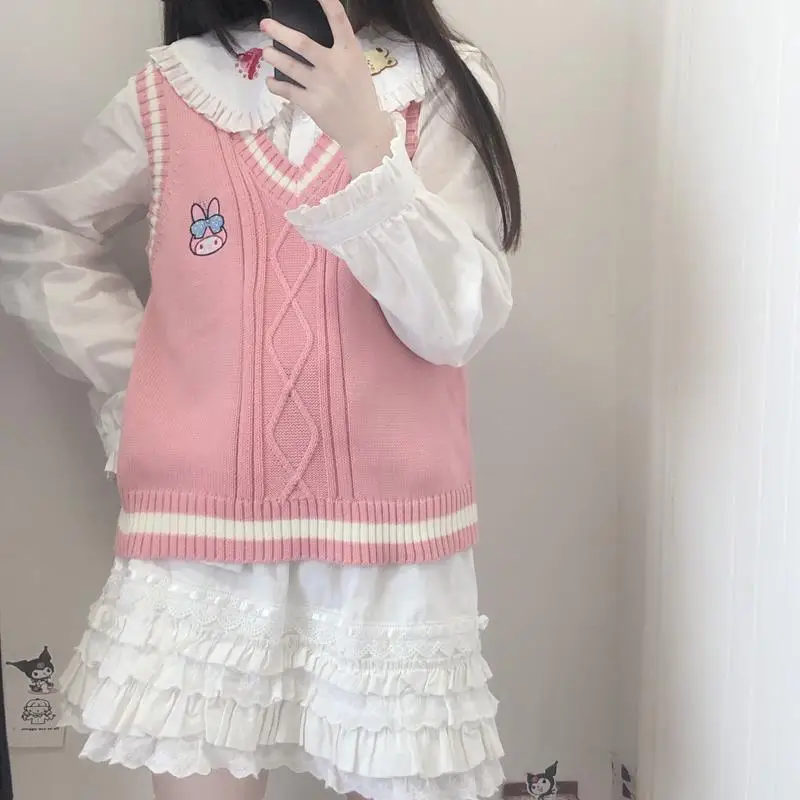 

Kawaii Sanrio Sweater Mymelody Kuromi Cinnamoroll Anime Embroidery Vest Knitted Sweater Sleeveless Spring Autumn Winter Gift Toy