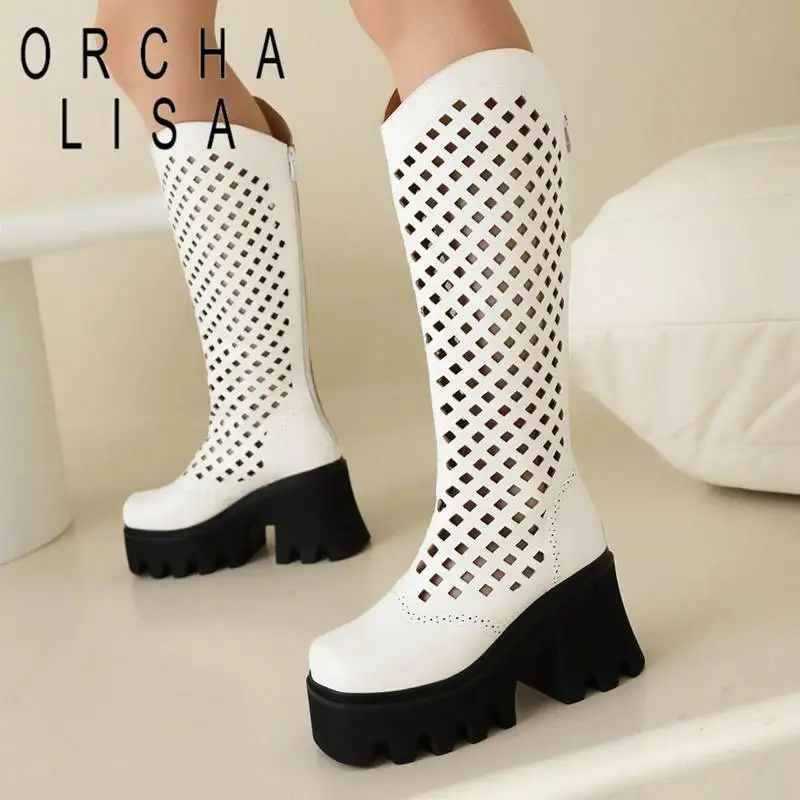 

ORCHA LISA Brand Shoes For Women Round Toe Block Heel 8cm Platform Hill 4.5cm Hollow Zipper Summer Booties Big Size 42 43