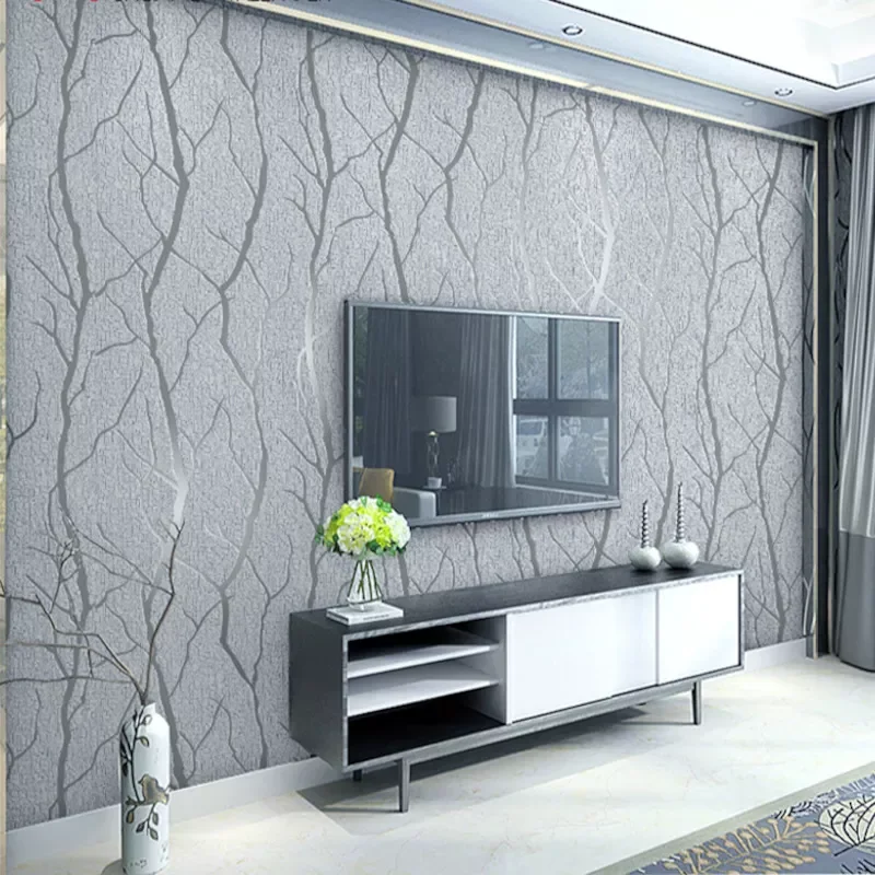 

Thick Grey Velvet 3D Wallpaper For Bedroom Walls Living room Background Flocked Tree Branches Embossed wall paper home decor