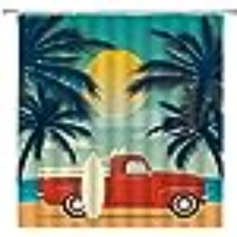 

Surf Beach Shower Curtain Vintage Surfing Car Sunset Ocean Palm Tree Tropical Summer Coastal Vacation Fabric Bathroom with Hooks