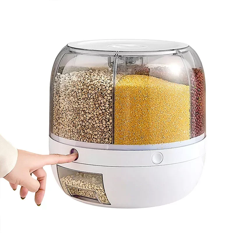 

Cereal Dispenser Rice Bucket Dispenser 6 Grid 360 Rotating Rice Container Automatic Waterproof and Moisture-Proof Rice Storage