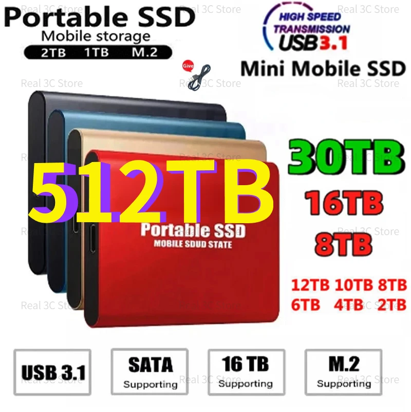 

Portable High-speed SSD 256TB Mobile Solid State Drive External Storage Decives Type-C USB 3.1 Interface for Laptop/PC/ Mac