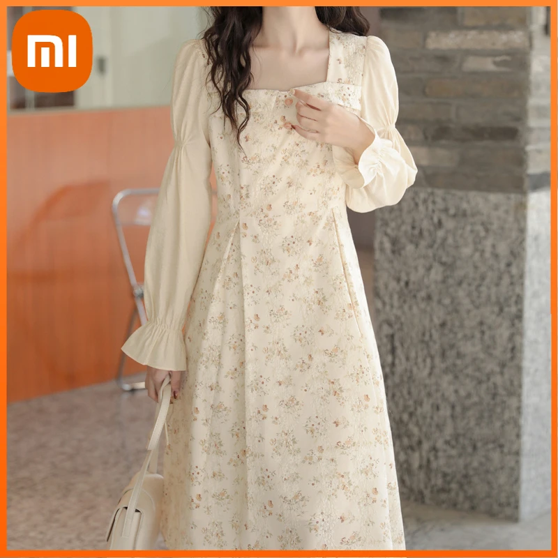 

Женское винтажное платье-миди с цветочным принтом, с длинным рукавом