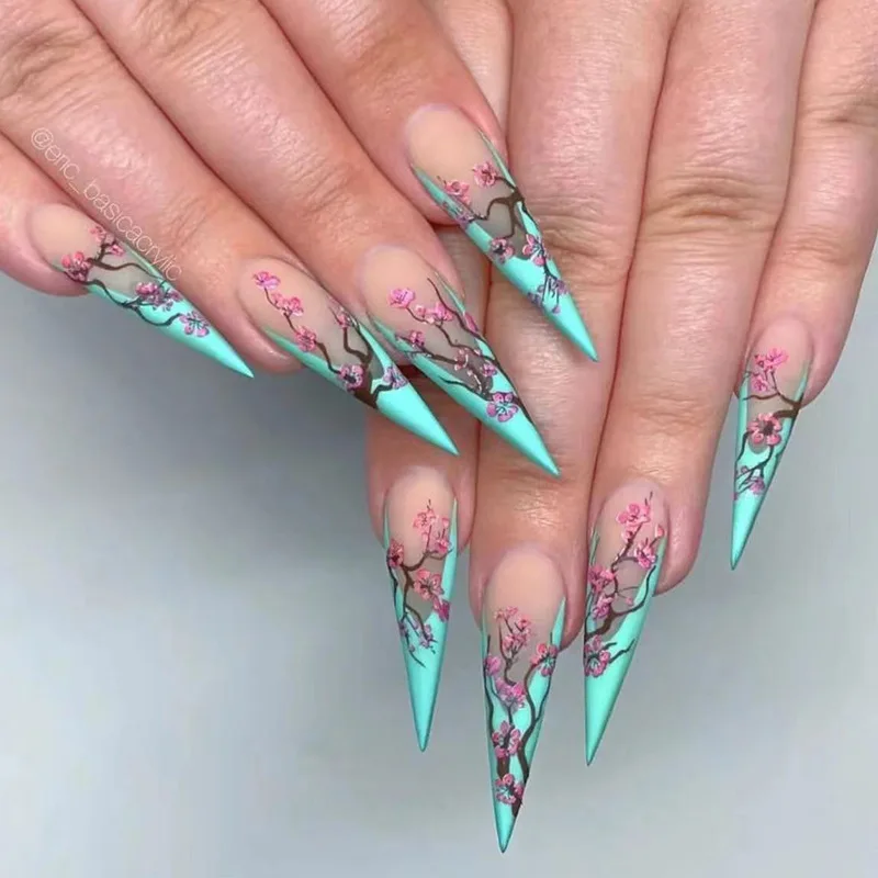 

24Pcs French Long Almond False Nails With Glue Plum Design Frosted ABS Material Press On Nails Detachable Fake Nail Art Tips