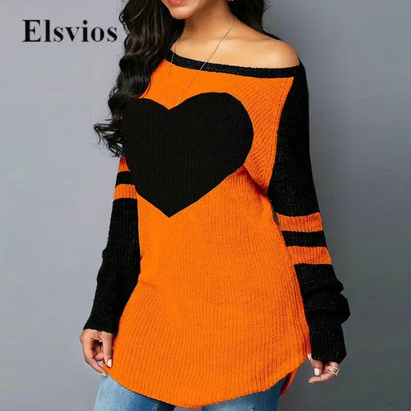 

Fashion Long Sleeve Autumn Winter Jumper Tops Women's Casual Loose Pullover Vintage Contrast Orange Color Heart Knitted Sweater