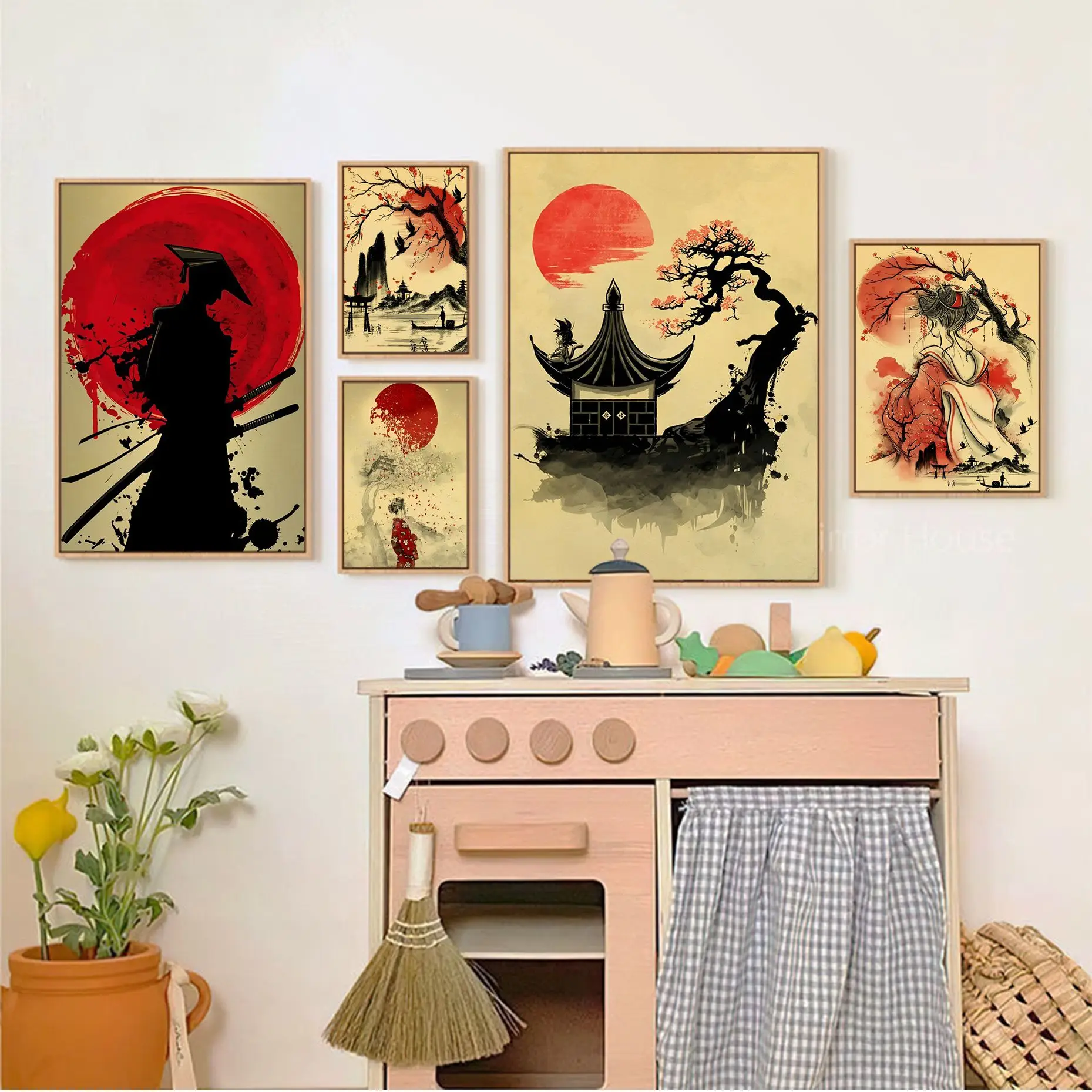 

Geisha Cat Koi Landscape Good Quality Prints And Posters Vintage Room Bar Cafe Decor Wall Decor