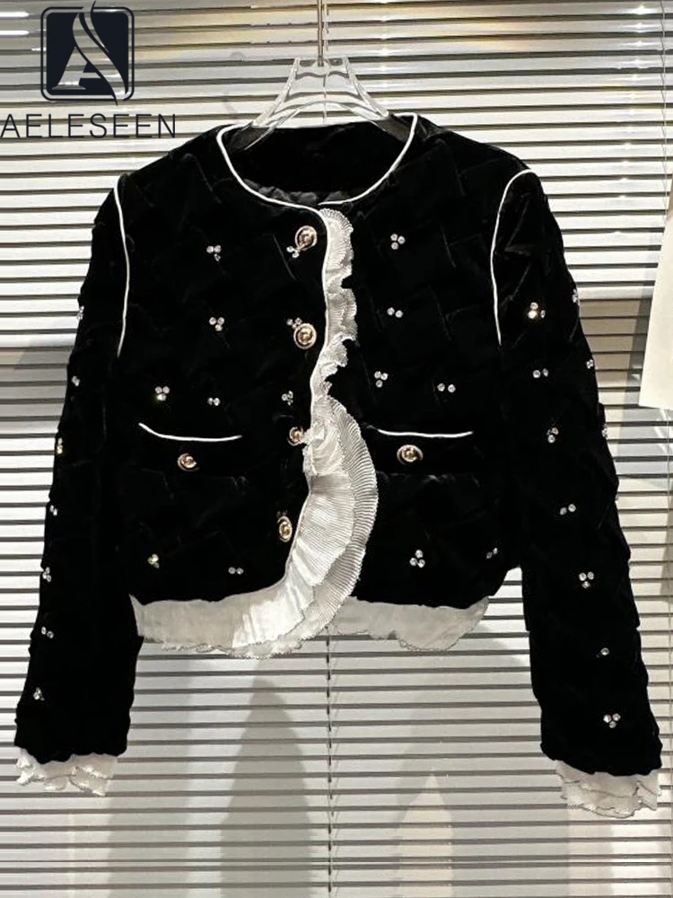 

AELESEEN Women Autumn Winter Velvet Jacket 2022 Runway Fashion Luxury Beading Diamonds Plaid Ruffles Black Elegant Coat